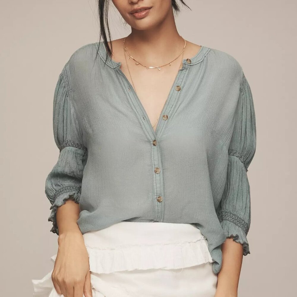 Anthropologie Pilcro Gauzy Bubble Sleeve Buttondown Romantic Flowy Boho Top - S